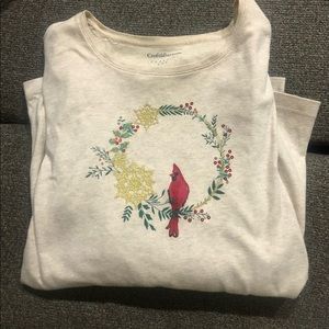 Croft & Barrow Large cream colored Wreath & Red Cardinal Bird Long Sleeve Shirt